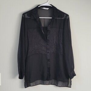 Zara Black Mesh/Satin Button Down Blouse Size M